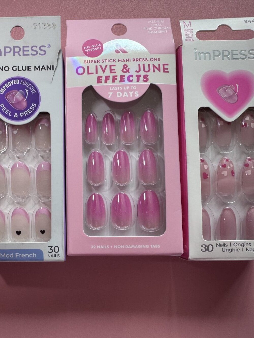 Pink Press-On Nails Bundle – 3 Sets – imPRESS & Olive & June – Hearts